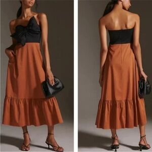 Anthro Hutch Bow Tie Maxi Dress Black Brown Strapless Flounce Hem Size 10